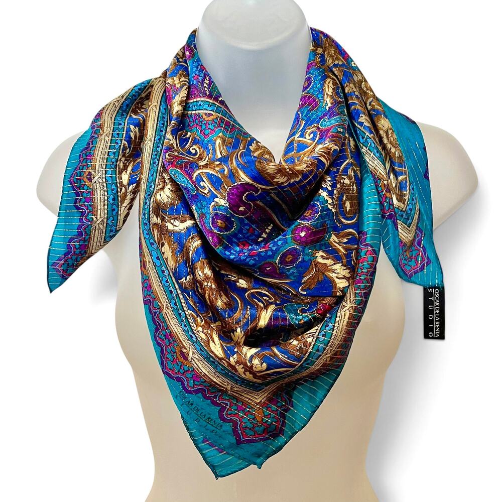 Vintage Oscar de la Renta Studio Gold Stripe Ornate Jewel Tone Silk Square Scarf
